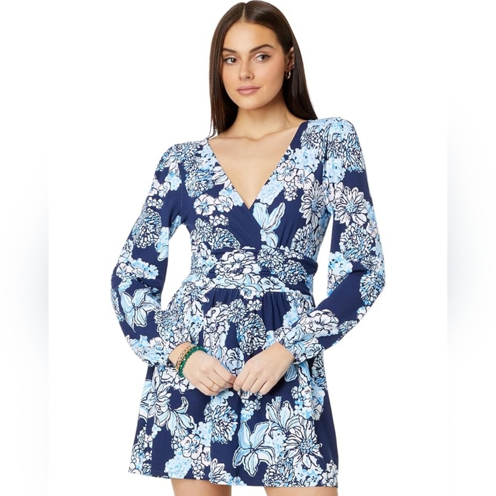 Lilly Pulitzer Riza Long-Sleeved Romper Low Tide Navy Bouquet Size Large